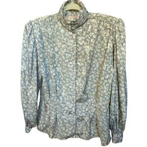 Vintage Tess Milano Italy Microfloral Cottagecore Gray Button Turtleneck Blouse